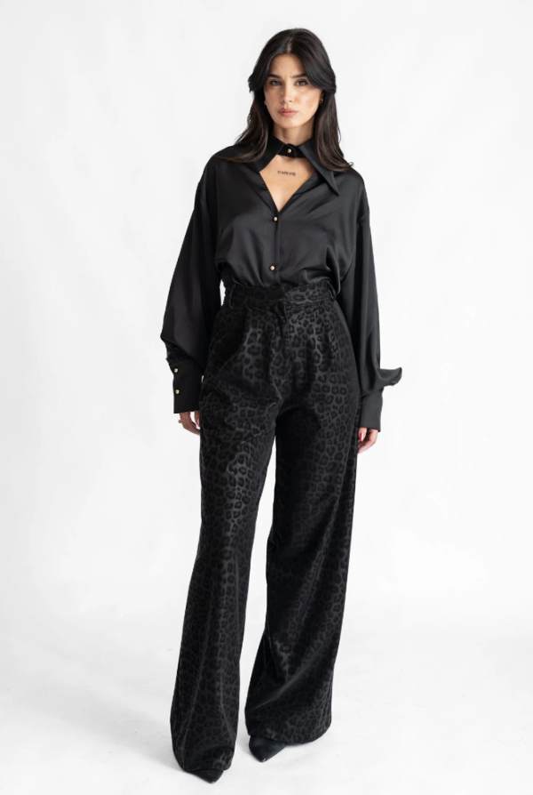 Leopard 3D Pleated Wide Leg Trouser